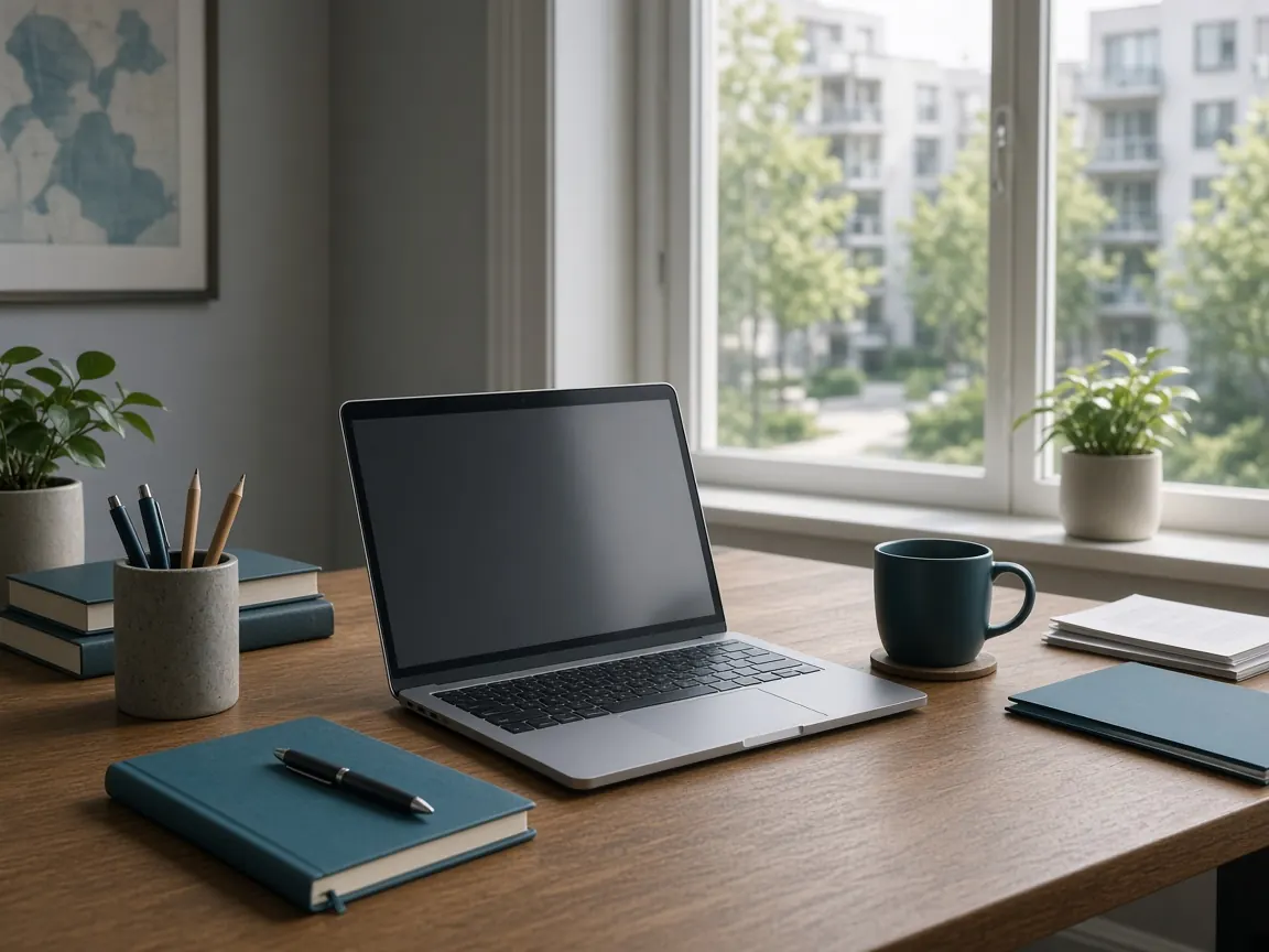 Laptop on a society office desk overlooking apartment buildings