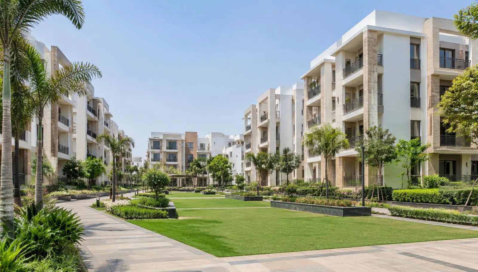 Contemporary residential buildings and a landscaped community courtyard