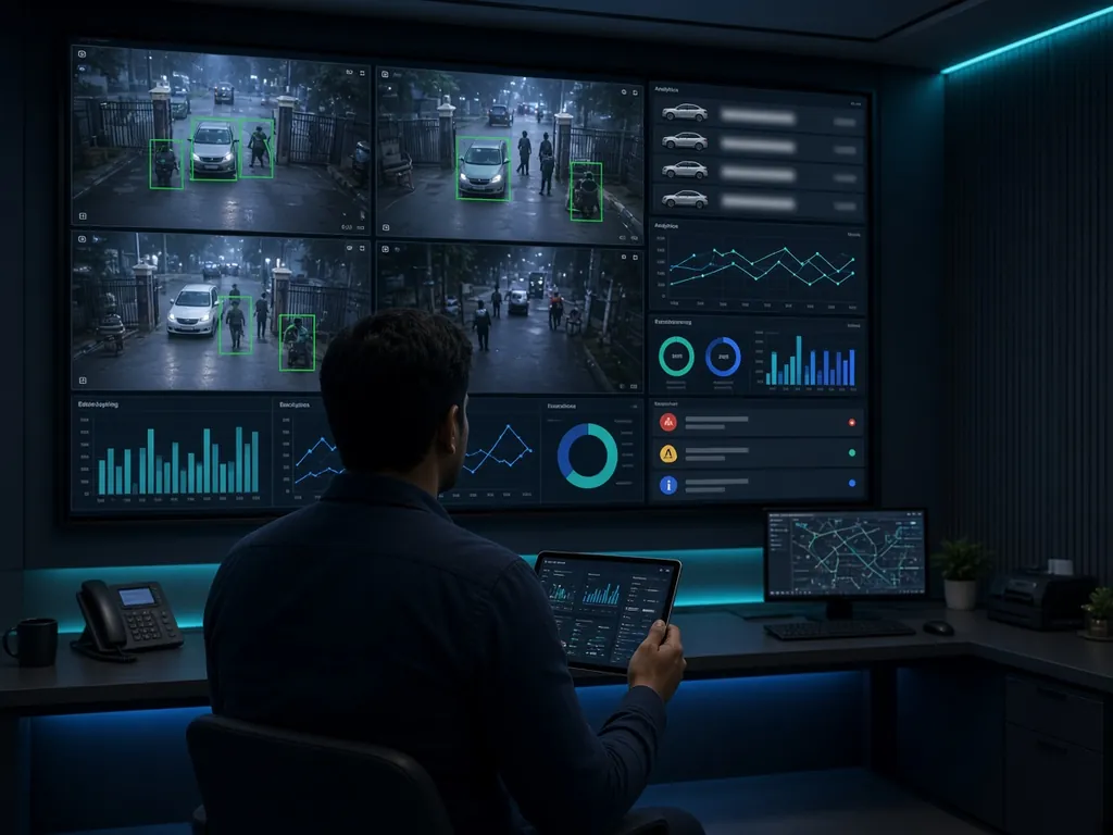 Society operations room with an AI video analytics dashboard and alerts