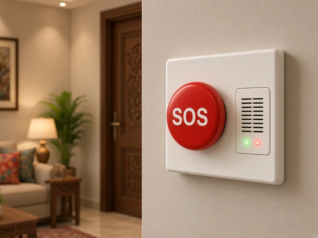 Wall-mounted SOS panic button with two-way intercom inside a flat, beside the main door