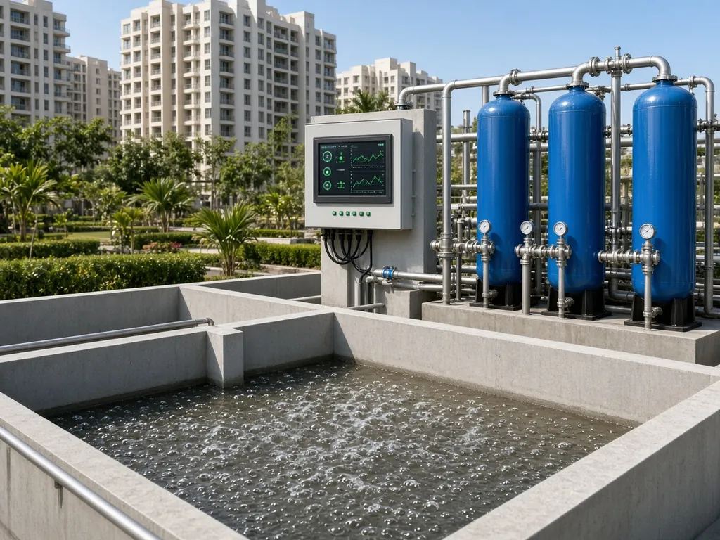 Society sewage and water treatment plant with an aeration tank, filter vessels and a monitoring panel