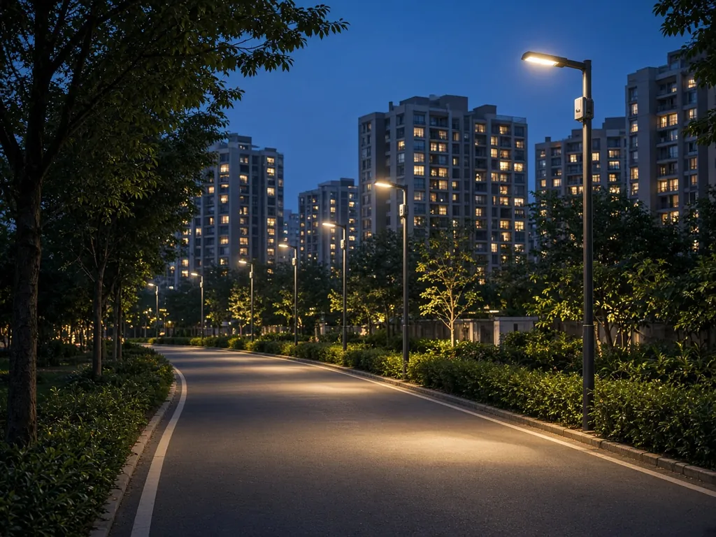 Smart LED street lights along an internal road of a housing society at dusk