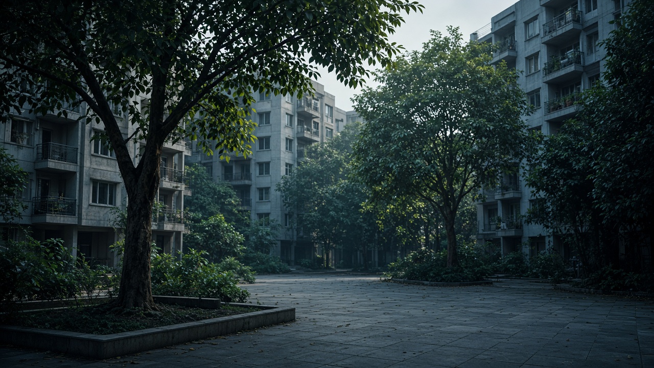 Quiet residential society courtyard with trees and apartment wings